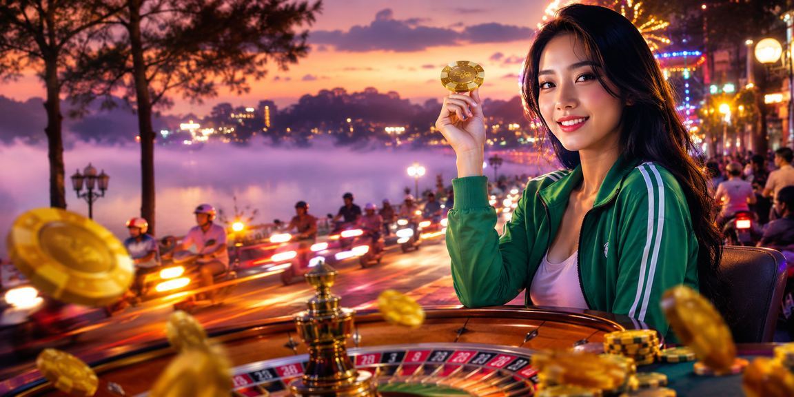 Bàn roulette neon rực rỡ tại Đà Lạt về đêm – biểu tượng giải trí casino trực tuyến