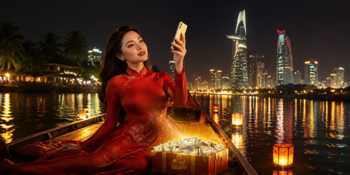Người phụ nữ mặc áo dài bên sông Mekong trải nghiệm casino trực tuyến trên điện thoại