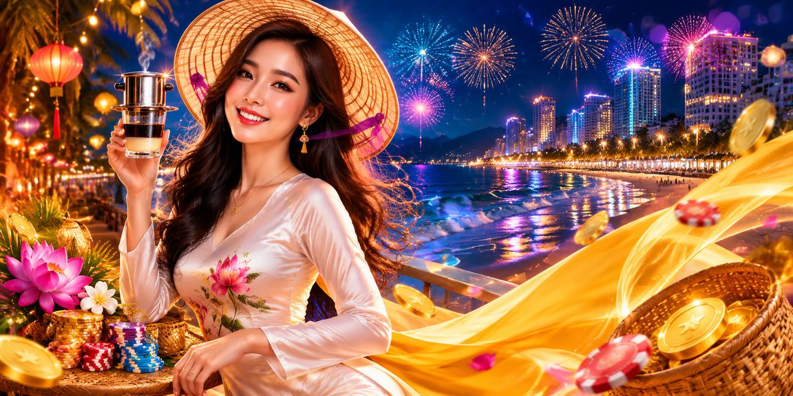 Bờ biển Nha Trang với nón lá truyền thống, người dùng trải nghiệm ứng dụng casino di động clc3 trong kỳ nghỉ